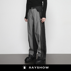 RAYSHOW·雷修｜小众撞色拼接毛边错层设计 宽松直筒阔腿牛仔长裤