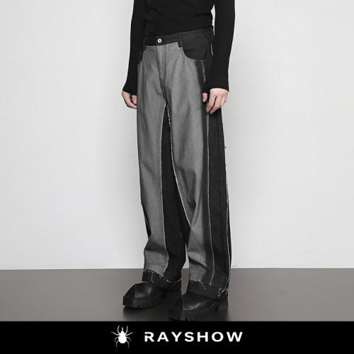 RAYSHOW@撞色拼接毛边牛仔长裤