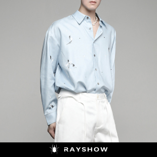 RAYSHOW泼墨莱塞尔亚麻衬衫男 高级感艺术风宽松垂坠透气长袖衬衣
