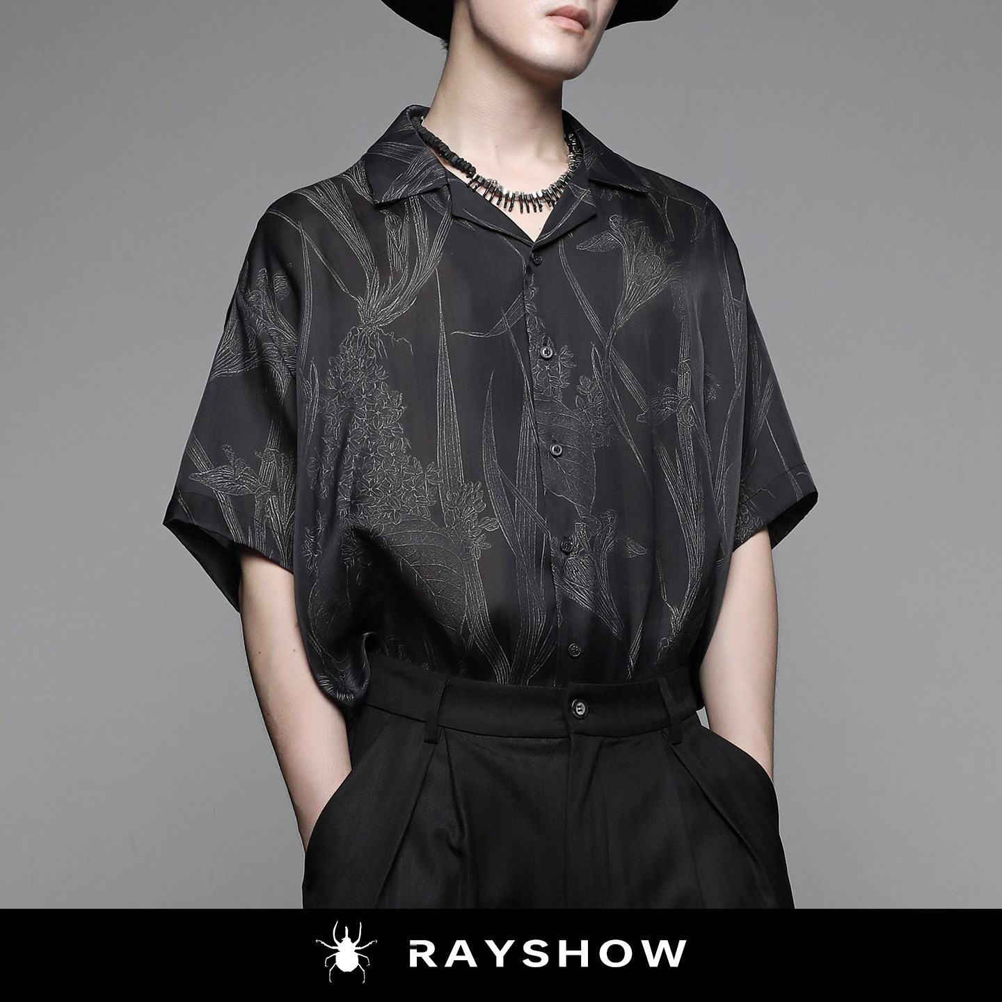 RAYSHOW暗纹鸢尾天丝古巴领衬衫 夏季垂坠高级感暗黑雅痞短袖衬衣