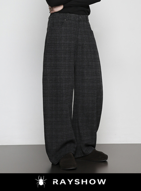 RAYSHOW「原创设计师弯刀裤」灰色格纹重磅垂感 羊毛混纺保暖长裤