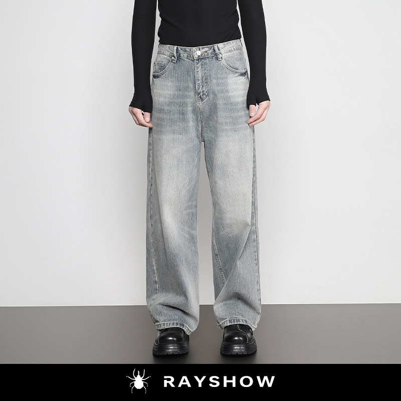 RAYSHOW重工砂洗磨破牛仔长裤