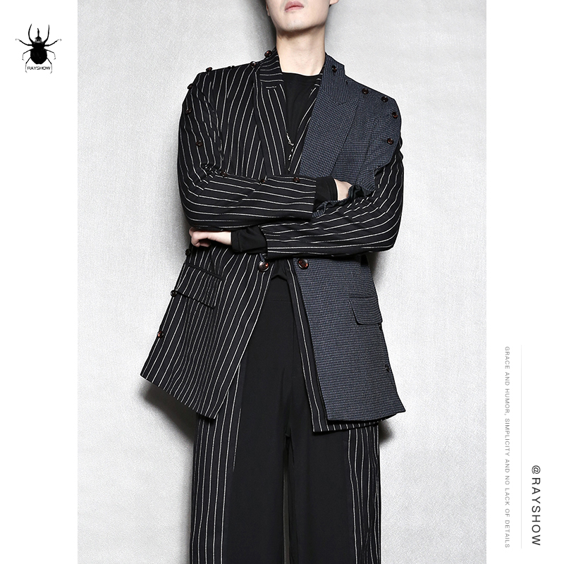 RAYSHOW雷修港风男装 原创细格子西装 竖条纹毛呢大衣 雅痞外套潮