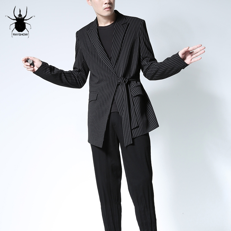 西装外套腰带设计竖条纹修身