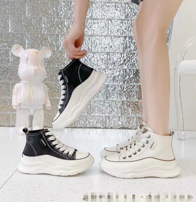 2023新款包邮女鞋品牌真皮牛皮系带厚底防水台欧美时尚高帮小白鞋