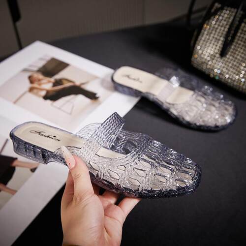 镂空水晶果冻包头凉拖鞋女夏时尚外穿粗跟透明妈妈懒人半拖鞋沙滩