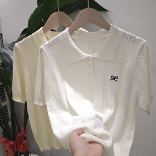 甜美蝴蝶结T恤洋上衣 白色polo领短袖 冰丝针织衫 女2025年夏季 新款