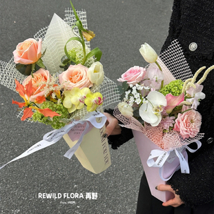 圣诞节花盒鲜花抱抱桶单支玫瑰花束包装盒diy插花盒鲜花手提袋