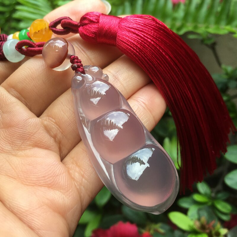 巴西纯天然原色无烧冰透灰紫玉髓吊坠福豆四季豆女款流苏毛衣链