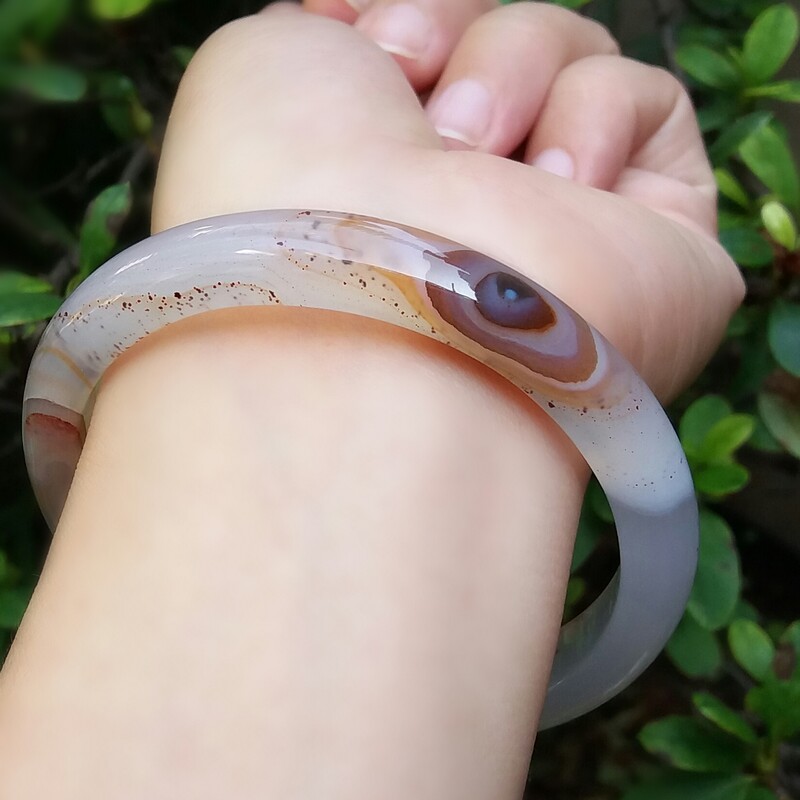 窄版巴西纯天然俏色天眼红水草玛瑙手镯女款中式手环复古手饰60mm