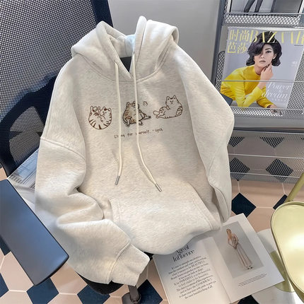 纯棉慵懒风百搭连帽卫衣女秋冬新款宽松学生加绒加厚个性上衣潮