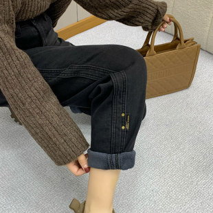 黑色牛仔裤女高腰加绒裤子2024年新款冬季九分萝卜哈伦宽松老爹裤