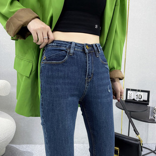 高腰小脚牛仔裤女春秋2022新款卷边弹力修身显瘦长裤紧身铅笔裤子