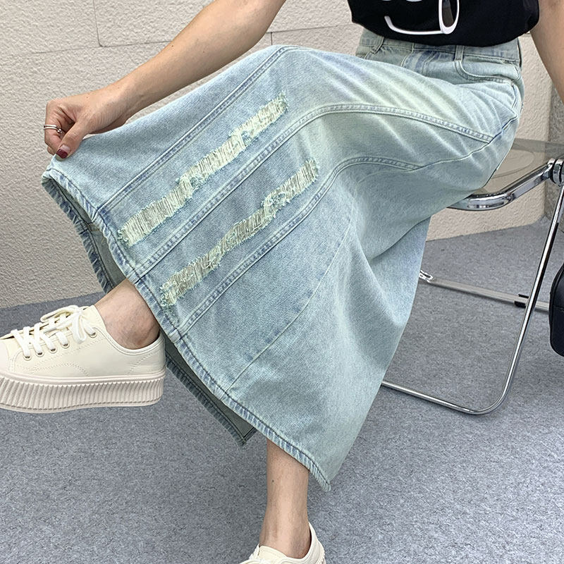 破洞牛仔裙半身裙女夏季设计感a字长裙到脚踝半裙伞裙垂感拖地裙