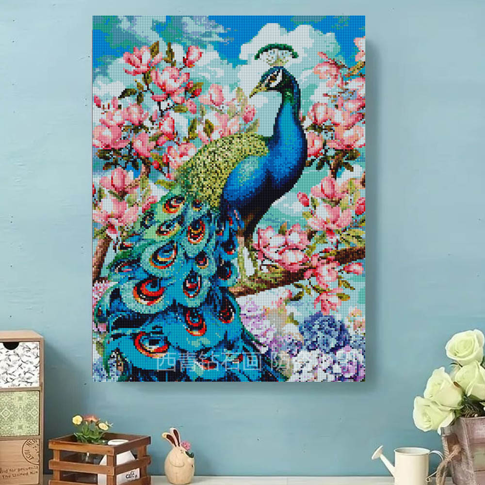 方钻高级感蓝孔雀玉兰花钻石画客厅DIY手工女孩高难度点钻十字绣