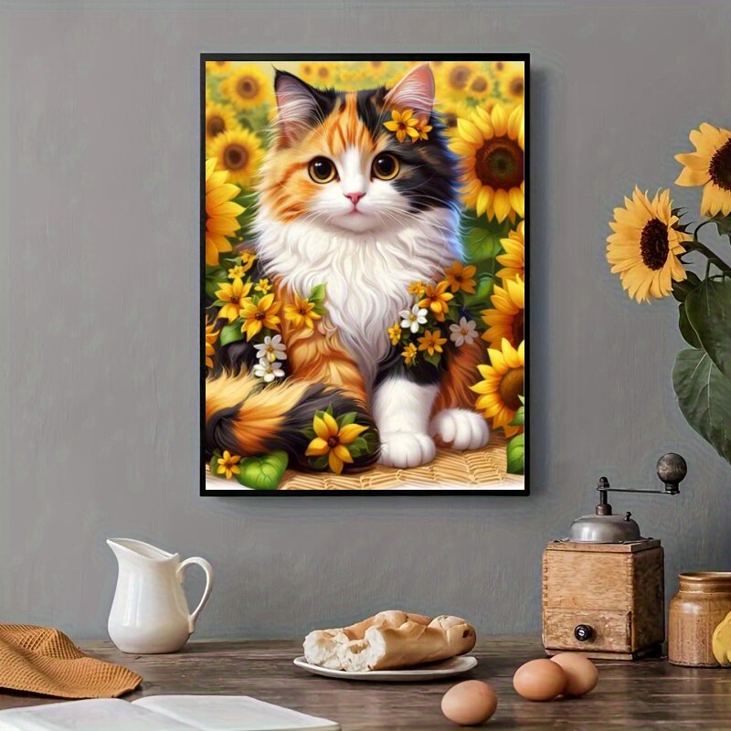 可爱向日葵猫咪Kitty钻石画高难度女孩成人DIY手工CatDiamondArt