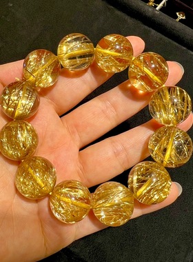 回收纯天然水晶钛晶手链板钛效应强，颜色金黄20mm  130.6克