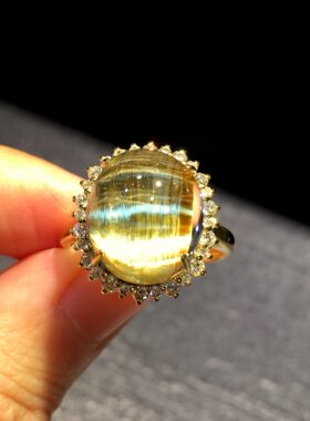 回收纯天然钛晶戒指18k金镶嵌发顺板钛猫眼效应强17x15x10 4.5克