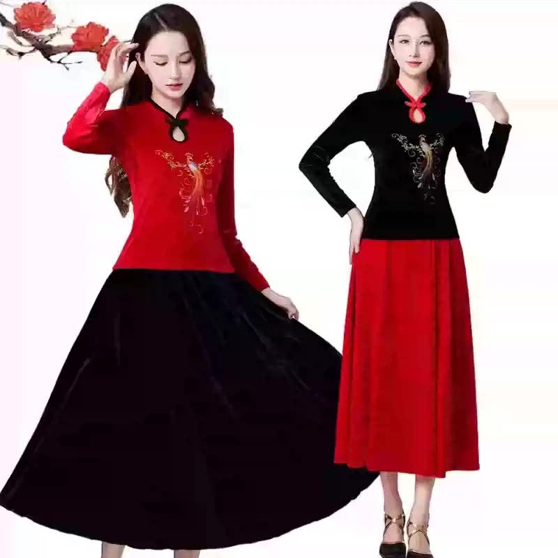 广场舞蹈服装女金丝绒民族秧歌服新款绣花休闲跳舞衣服表演出套装