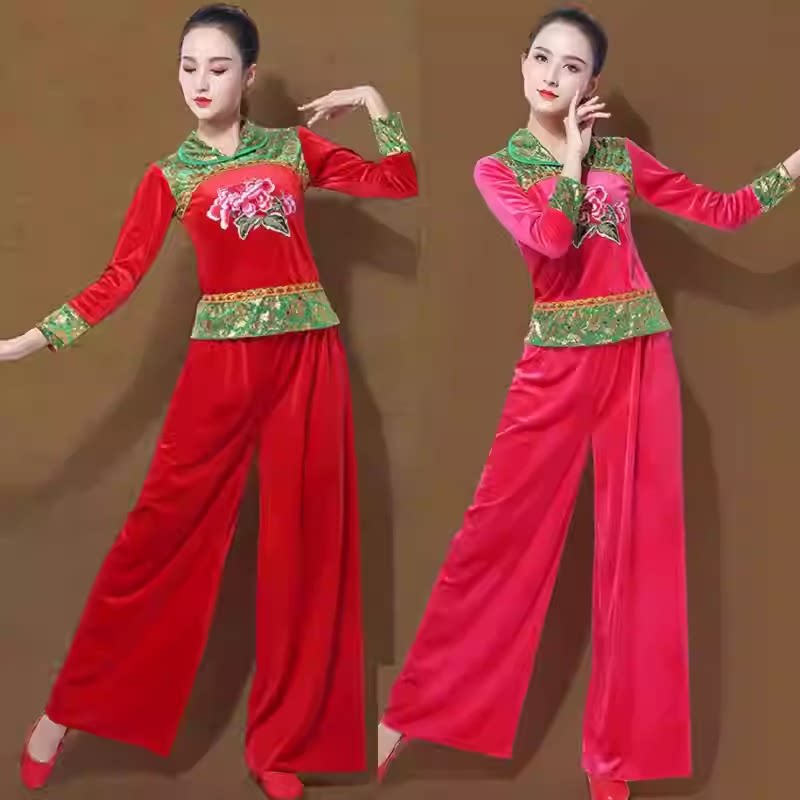 金丝绒秋季广场舞女长袖演出套装