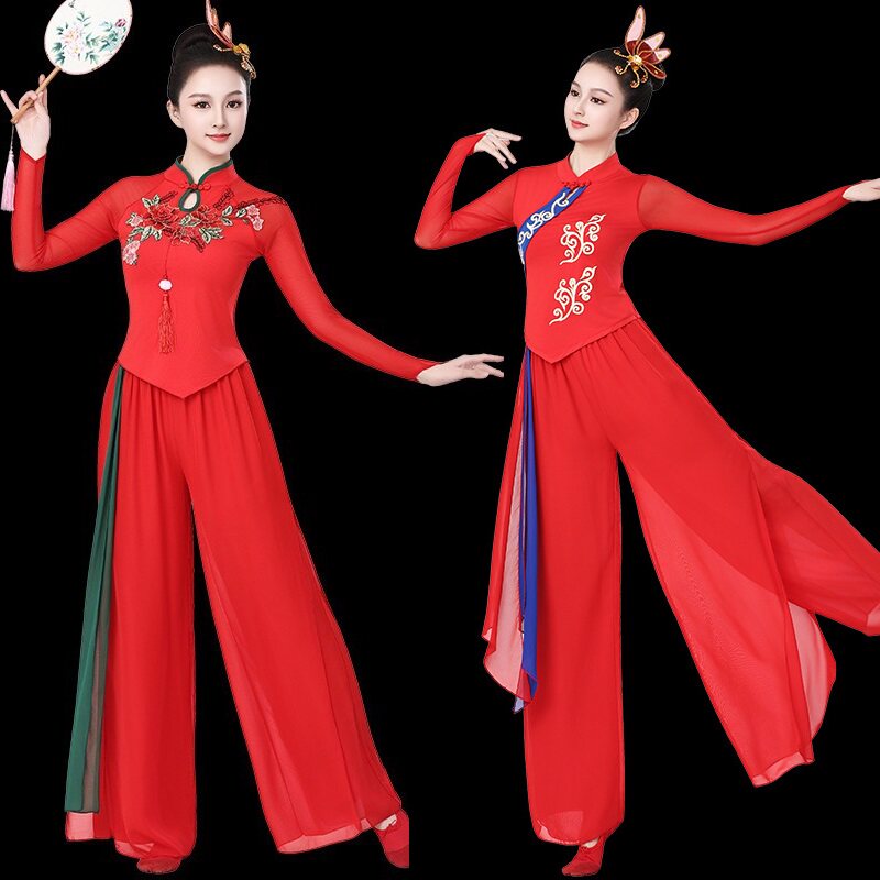 红色绣花古典民族舞舞台演出套装