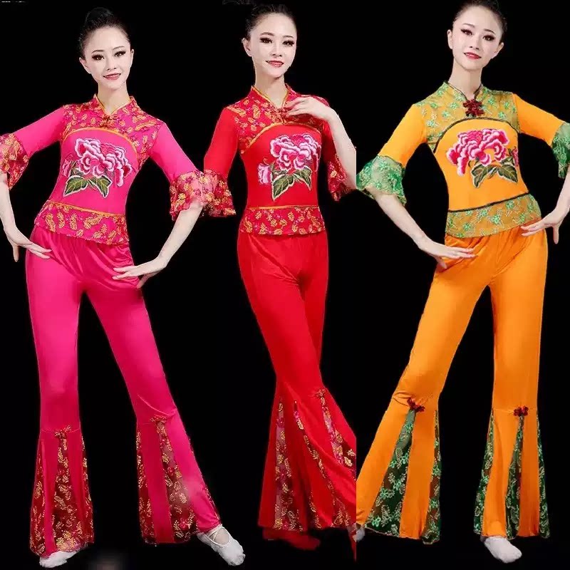 新款广场舞蹈服装女民族绣花秧歌服中袖团体跳舞腰鼓表演出服套装
