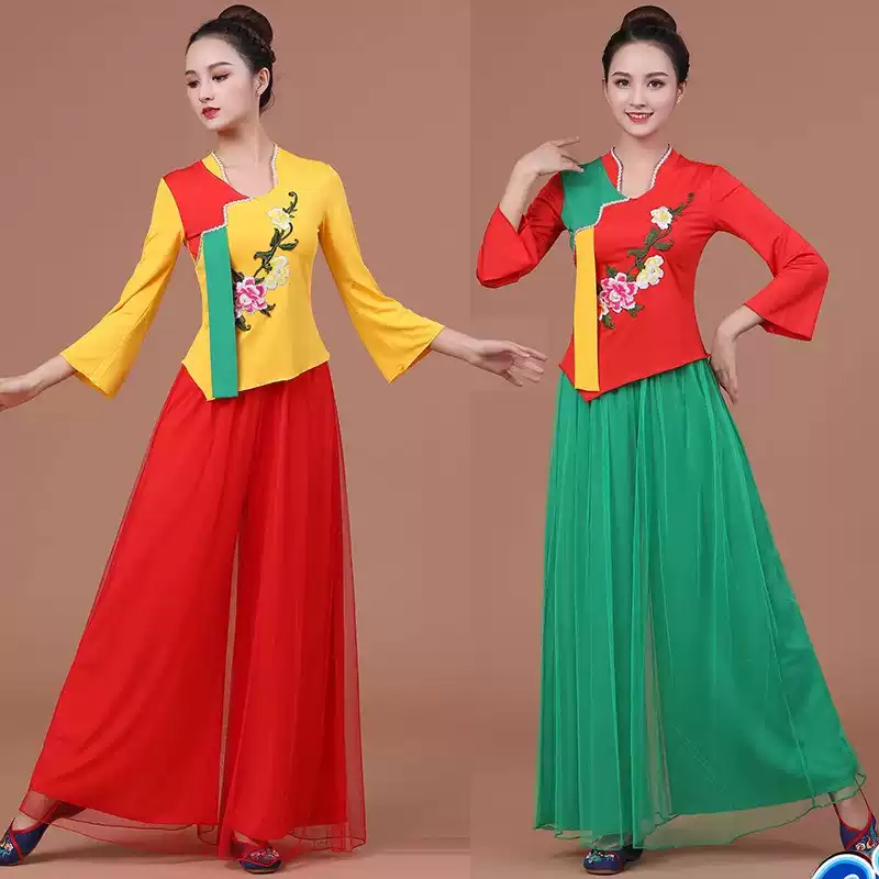 广场舞服装新款绣花网纱阔腿裤民族团队服表演出健身跳舞蹈服套装