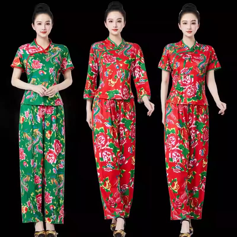 新款东北碎花秧歌服舞蹈服套装民族风打腰鼓服二人转广场舞演出服