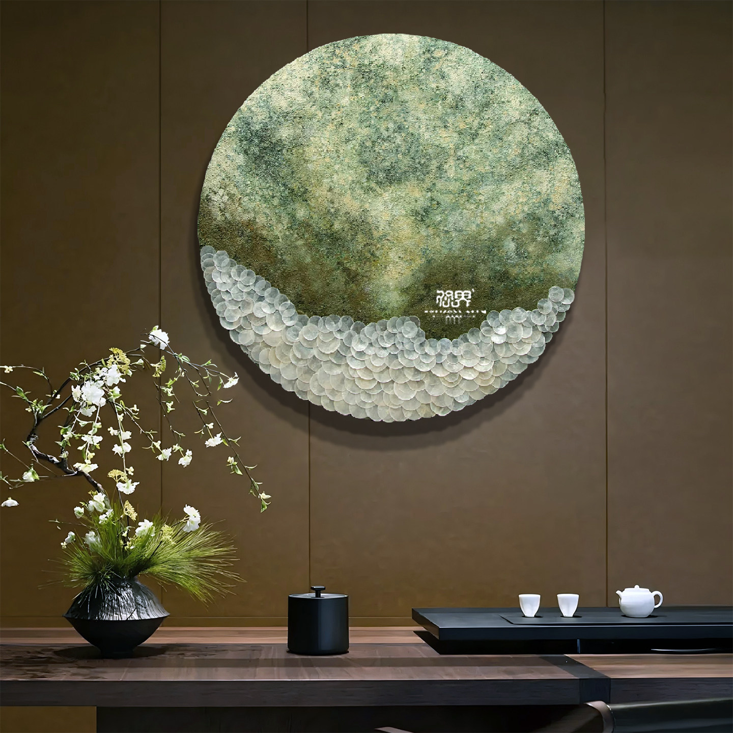客厅沙发背景墙现代轻奢艺术手绘砂岩创意贝母片玄关定制装置画