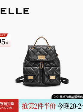 百丽女包质感真皮小香风上班通勤背包羊皮黑色链条双肩包X9330BX4