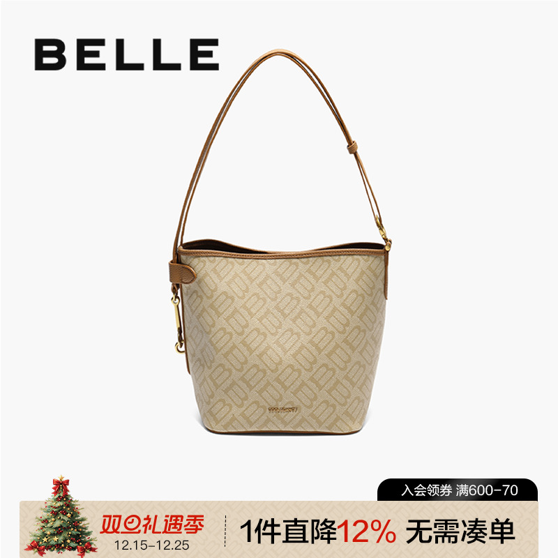 百丽2025复古海鸥老花水桶包