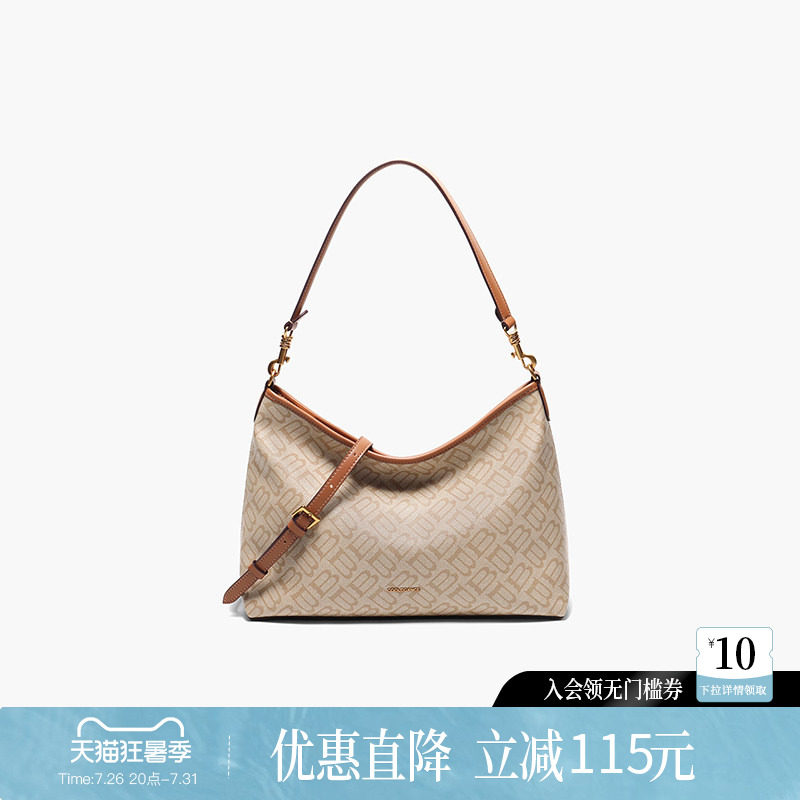 百丽女包包新款海鸥老花通勤单肩hobo包大容量真皮质感托特包7199
