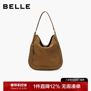 百丽包包女款2025新款波嬉风磨砂流苏反绒麂皮托特包大号9916BDX5