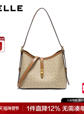 百丽包包女式新款老花通勤单肩斜挎包水桶包大容量托特包X7023CX4