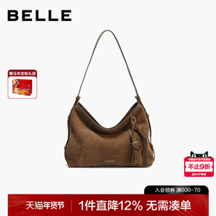 百丽女包流浪摩卡中号2025新款反绒麂皮hobo大容量托特包Z9411AX6