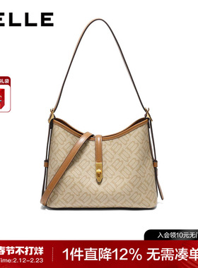 百丽包包女式新款老花通勤单肩斜挎包水桶包大容量托特包X7023CX4