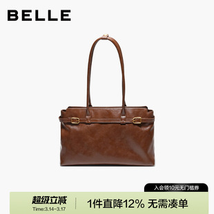 百丽包包女新款时尚通勤皮带扣黑色法棍单肩大容量托特包F3073DX5