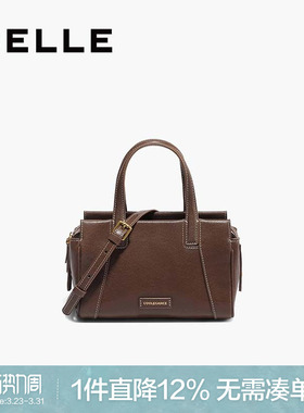 百丽包包女棕色波士顿包植鞣保龄球通勤帆布单肩斜挎手提包823BX5