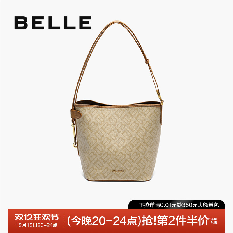 百丽2025复古海鸥老花水桶包