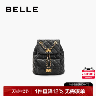 百丽包包女款经典小香风背包通勤黑色质感轻便链条双肩包X7046CX4