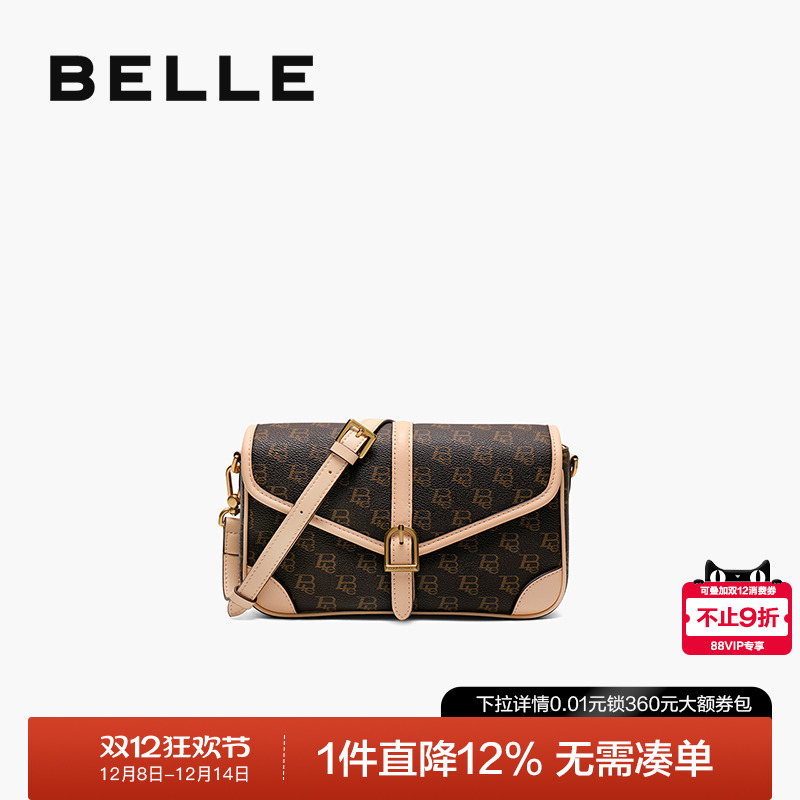 百丽牛皮复古质感斜挎老花小方包