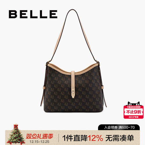 百丽复古通勤老花水桶包托特包