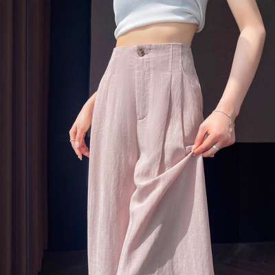 粉色抗皱天丝亚麻裤子女夏季薄款冰丝棉麻高腰垂感山本西装阔腿裤