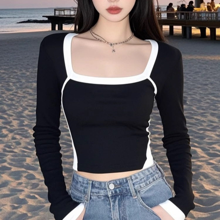 TZ5683小个子撞色方领露锁骨长袖t恤女春纯欲修身显瘦短款打底衫