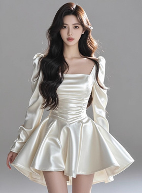 TZ4921白色方领连衣裙女秋冬新款小众高级感轻奢气质礼服A字短裙