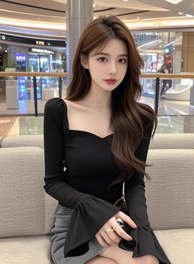 TZ5487辣妹风黑色方领喇叭袖t恤女纯欲气质修身显瘦百搭短款上衣