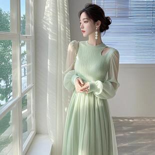 轻奢高级感重要场合气质独特漂亮绿色网纱连衣裙 法式 2026春装 新款