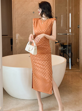 2026夏季新款跨境女御姐风气质圆领垫肩修身格纹开叉连衣裙30518