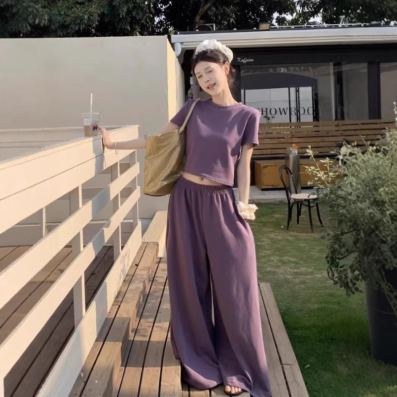 韩系穿搭时尚短款上衣宽松阔腿卫裤高腰显瘦休闲运动套装女夏季