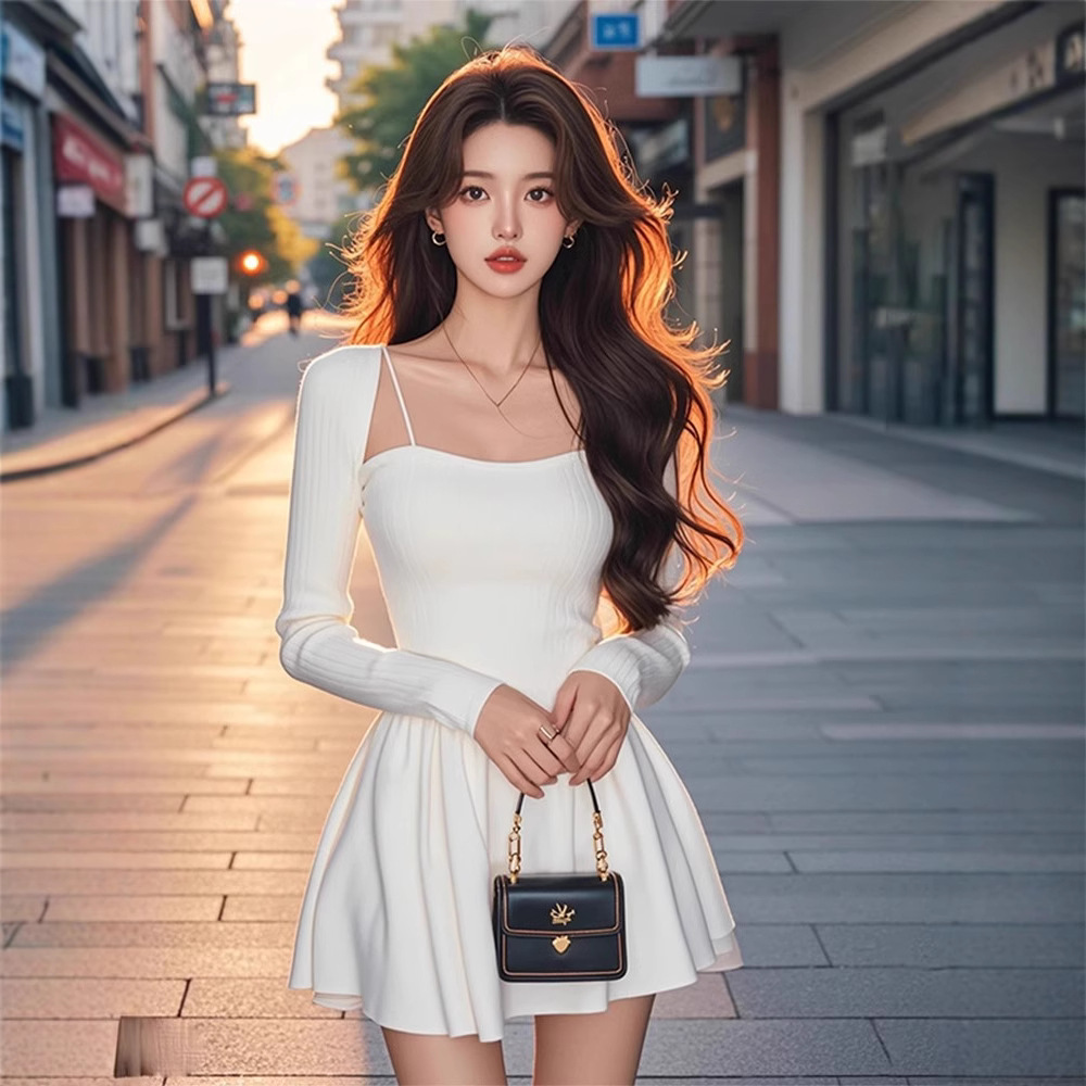 TZ5863纯欲白色方领连衣裙女名媛气质温柔高级感紧身百搭精致短裙